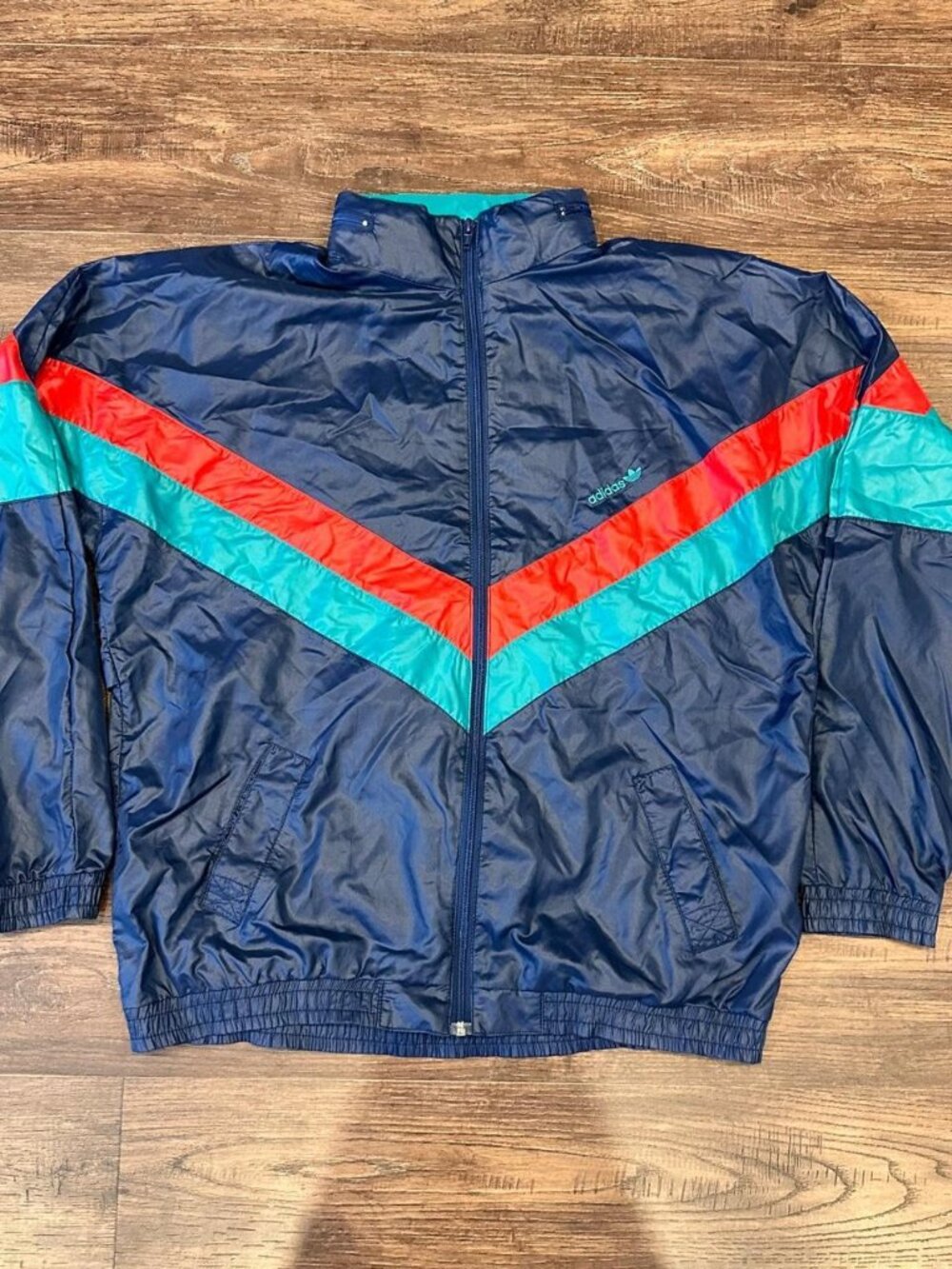 Vintage 90s Adidas Navy Blue Neon Chevron Windbreaker Jacket Large
